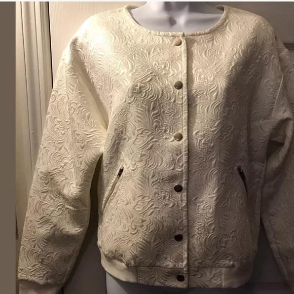 MUSTARD SEED Bomber Jacket Floral Off white Coat Textured Knit Snap silver close - Picture 2 of 8
